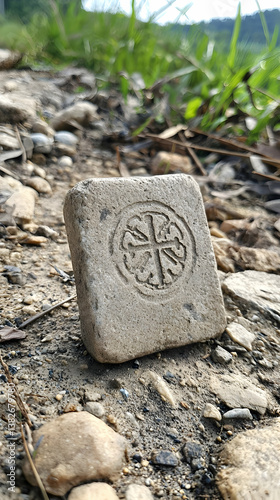 Weathered Stone Artifact with Carved Symbol