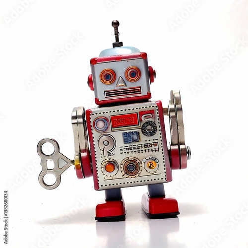  Vintage retro toy robot with a wind-up key, red and silver design, square head, and control panel, evoking nostalgia for classic mechanical toys.