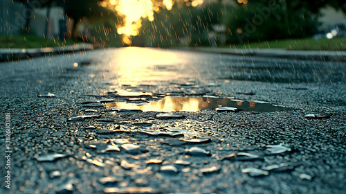 Wet Asphalt Road at Sunset with Reflections photo