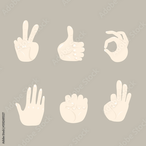 Hands poses. Hands in various gestures of pointing gestures, fingers crossed, fist, peace and thumb up. Cartoon human palms and wrist vector set. Communication or talking with emoji for messengers.