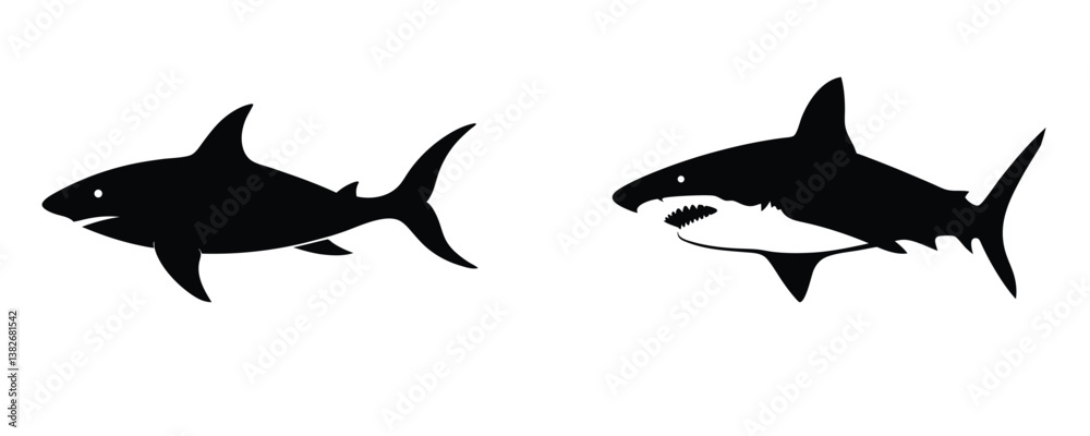 Fototapeta premium Black shark silhouette collection, set of shark silhouette vector illustration on a white background