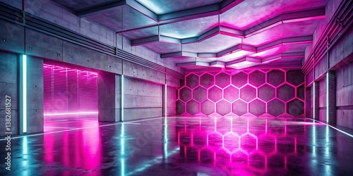 Futuristic Product Podium: Pink-Lit Concrete Hangar Double Exposure