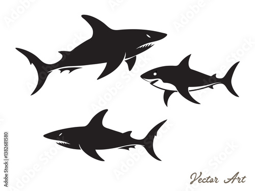 Black shark silhouette collection, set of shark silhouette vector illustration on a white background