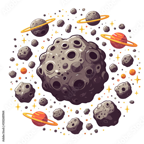 Space asteroid field with planets and cosmic elements in dark style. Perfect for astronomy education, science fiction themes, and cosmic exploration concepts.