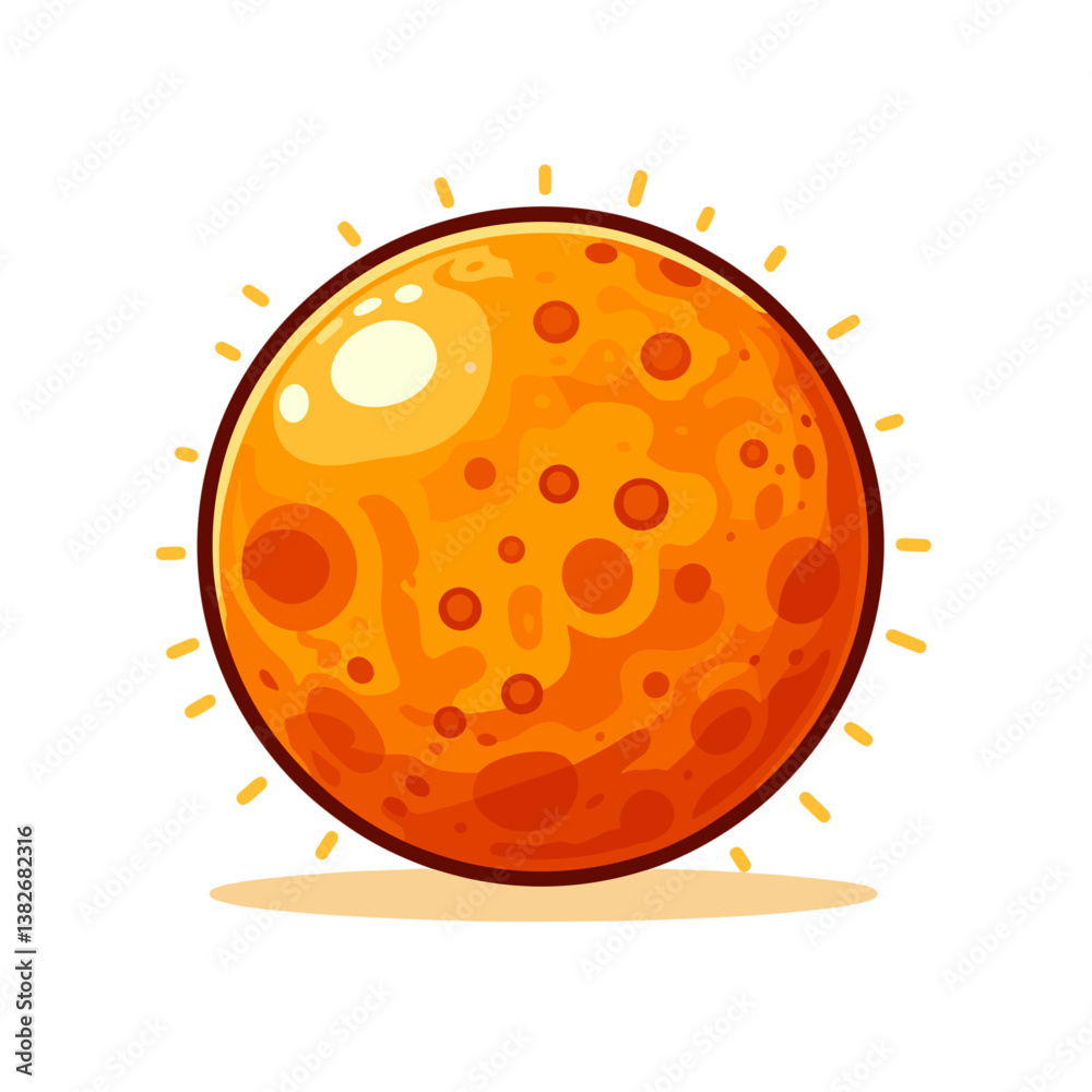 Vector Mars planet in bright orange with crater details and sun flares. Perfect for space exploration themes, astronomy education and sci-fi concept illustrations.