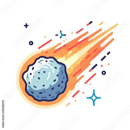 Vector illustration of flaming meteor with motion trail in space. Perfect for astronomy education or science fiction themes.