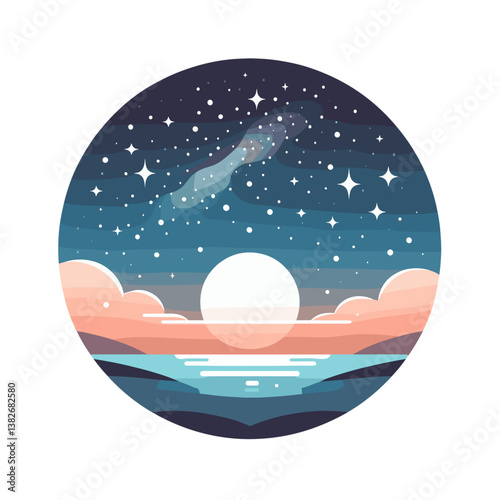 Vector illustration of night sky landscape with stars in circular frame. Perfect for astronomy themes or meditation app visuals.