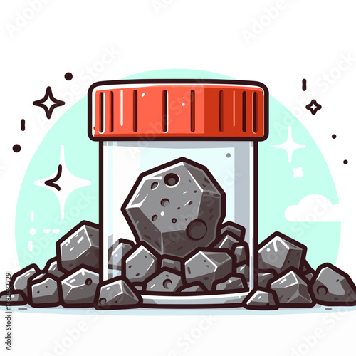 Vector art of rock samples in scientific specimen jar. Perfect for geology education websites, mineralogy collections, and earth science laboratories.