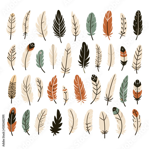 Collection of various feather designs in earth tones and natural colors. Ideal for bohemian design elements, craft supplies, and natural decoration inspiration.