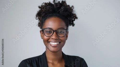Happy millennial Afro American business woman in casual glasses posing isolated on white, smiling with perfect white teeth. Confident female customer, professional head shot portrait
