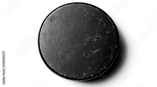 Worn black hockey puck on ice (transparent PNG). 