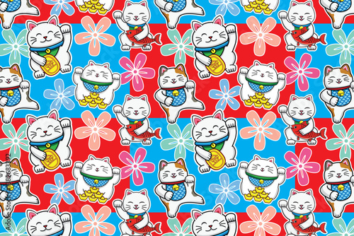 Seamless pattern of cute smiling Japanese lucky cat called Maneki neko background with blue and red checkerboard drawing in colorful cartoon vector