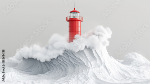 Minimalist red lighthouse surrounded by dramatic white waves in a surreal seascape on a light background.