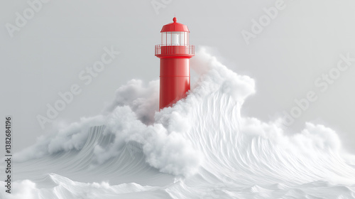 Minimalist red lighthouse surrounded by dramatic white waves in a surreal seascape on a light background.