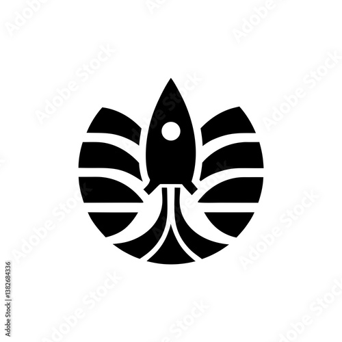 Rocket icon with circular ring trail in bold silhouette for space mission or launch vector concept

