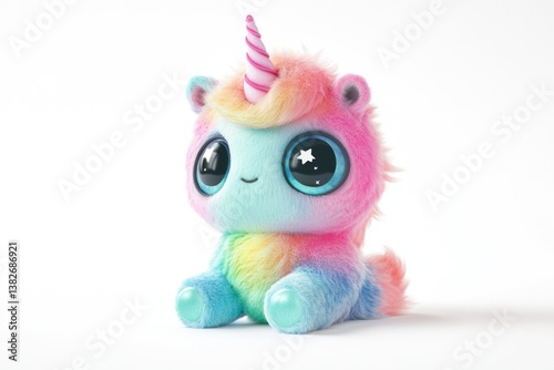 Adorable rainbow fluffy unicorn plush toy with big eyes and spiral horn.