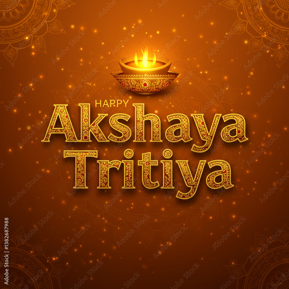 Happy Akshaya Tritiya Golden Text Effect with Diya on Ornate Brown Background