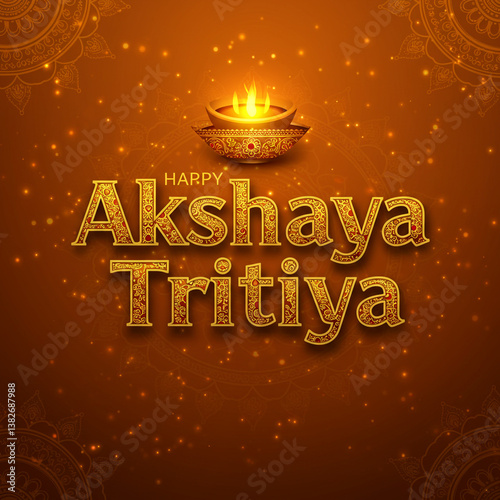 Obraz na płótnie Happy Akshaya Tritiya Golden Text Effect with Diya on Ornate Brown Background w salonie