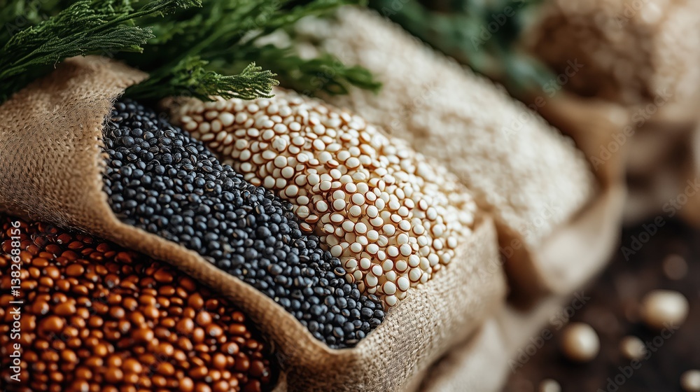 Quinoa and amaranth seeds arranged in burlap sacks at a market during a sunny afternoon Quinoa and amaranth seeds arranged in burlap sacks at a market during a sunny afternoon