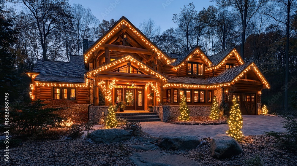 Naklejka premium Winter cabin adorned with holiday lights. 