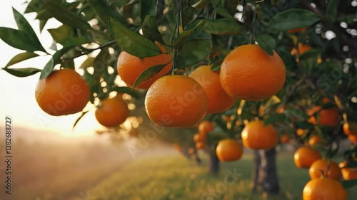 Golden Oranges on the Branch: A vibrant view of ripe oranges hanging abundantly on the tree branches in a sun-drenched orchard, offering a taste of nature's sweet bounty.