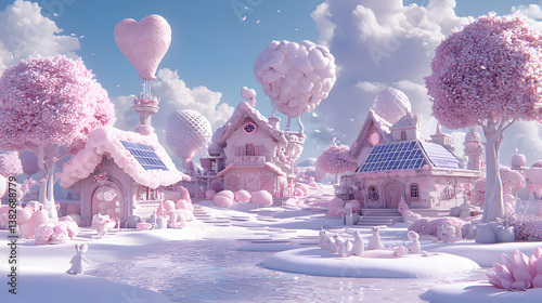 Whimsical Pastel Pink Village with Bunnies and Heart Balloons