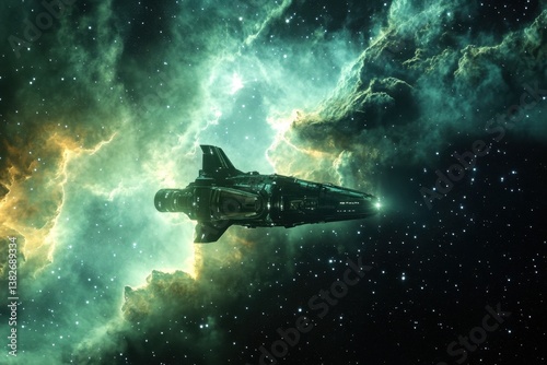 Spacecraft travels through a colorful nebula in the depths of the universe