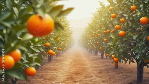 Orchard of Citrus: A vibrant row of orange trees laden with ripe fruit stretches into the distance, bathed in a warm, golden sunlight, creating a sense of abundance and tranquility.