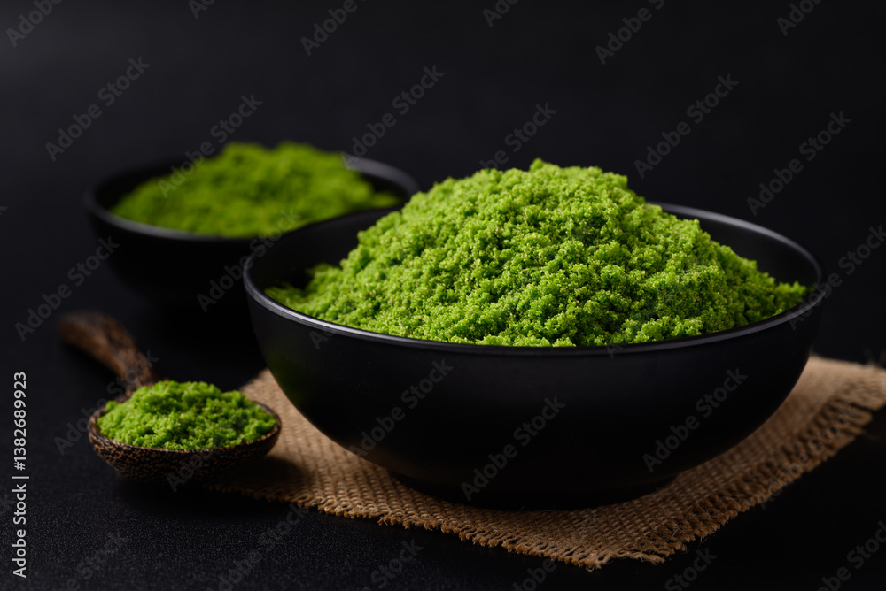 Wolffia or watermeal on black background, Healthy edible small aquatic plant high protein and fiber Wolffia or watermeal on black background, Healthy edible small aquatic plant high protein and fiber