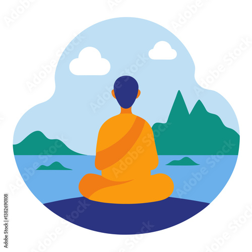 Monks meditating by a peaceful lake