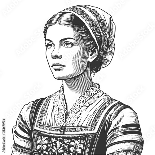 Slovenian woman wearing traditional folk dress with embroidered patterns and lace details sketch engraving generative ai fictional character vector illustration. Scratch board. Black and white image.