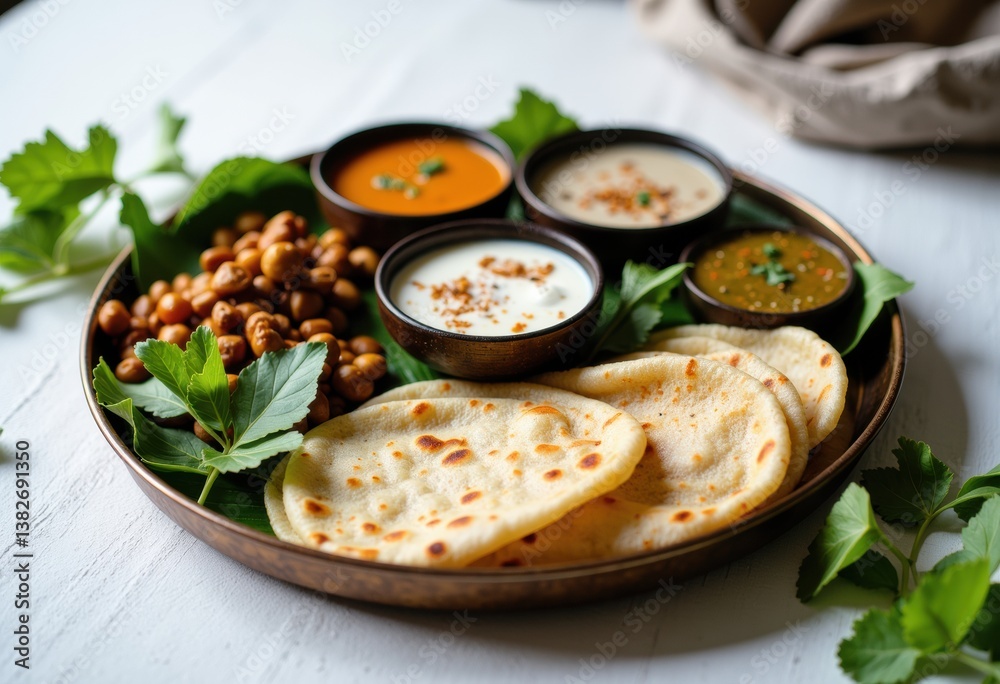 A traditional Indian meal featuring flatbreads and various chutneys A traditional Indian meal featuring flatbreads and various chutneys