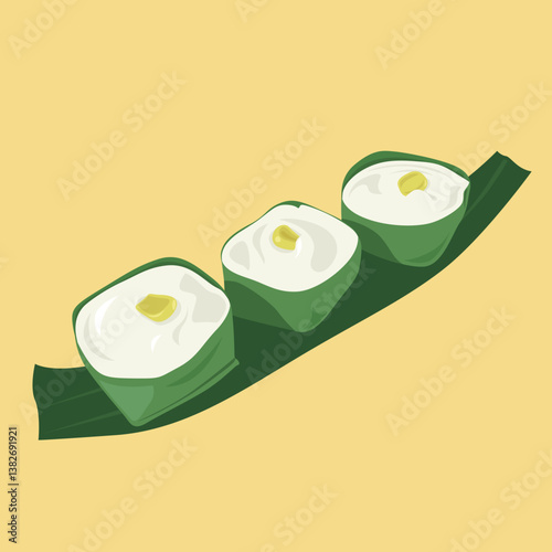 Thai Coconut Corn and Sago Pudding. Thai pudding with coconut topping sweet and wrapped with banana leaves. Close Up of Creamy Khanom Tako, Thai Traditional Coconut Pudding with Two Layers.