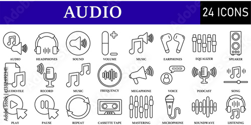 Set of Audio Icons or symbols Vector fully editable file.