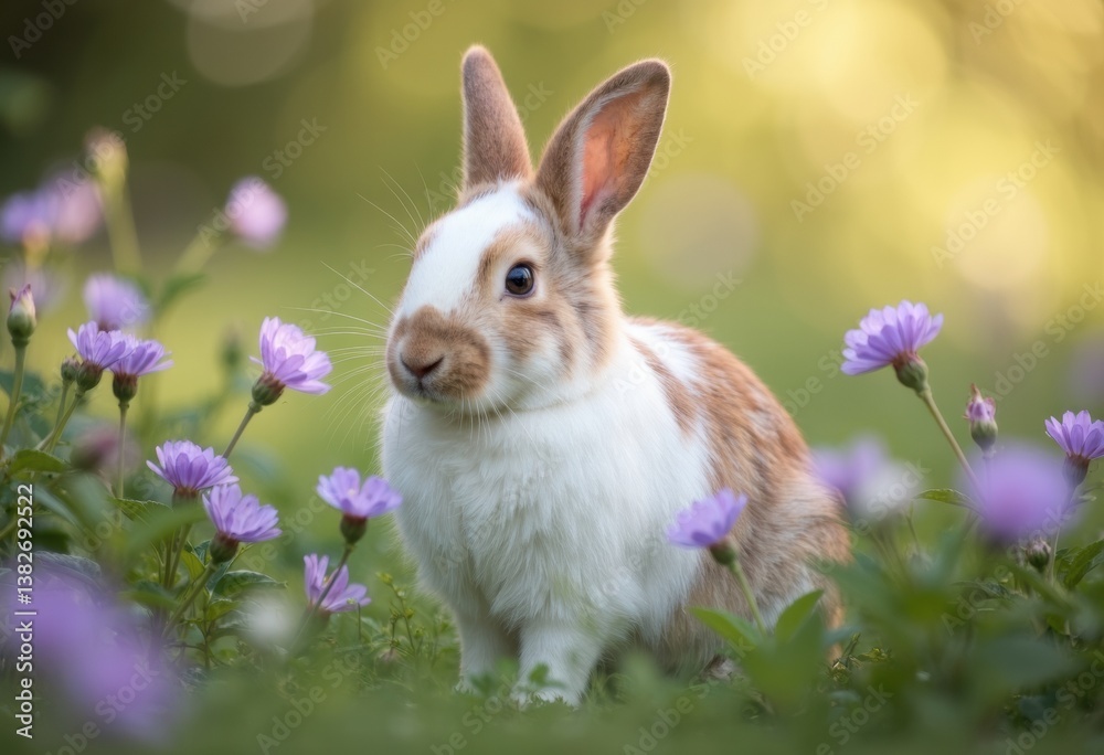 Fototapeta premium A cute rabbit sitting among beautiful purple flowers in a lush garden