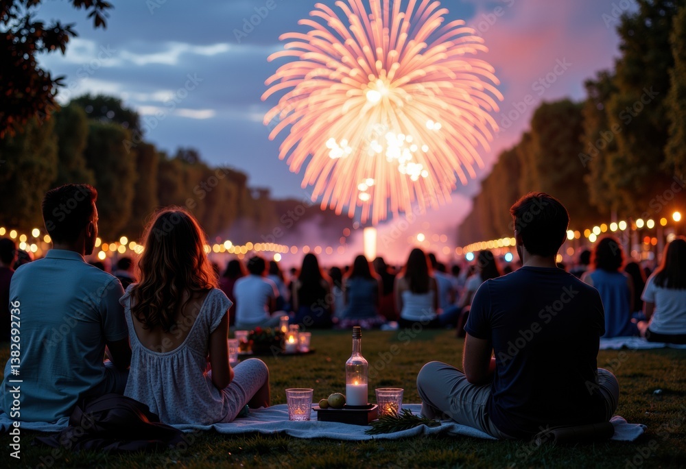 Friends enjoying a fireworks display at an outdoor evening event