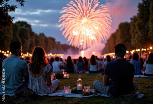 Friends enjoying a fireworks display at an outdoor evening event