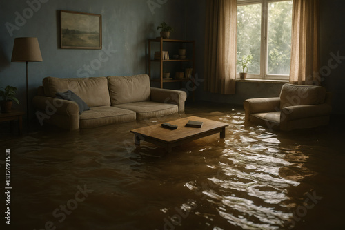 Submerged living room scene after indoor flooding disaster