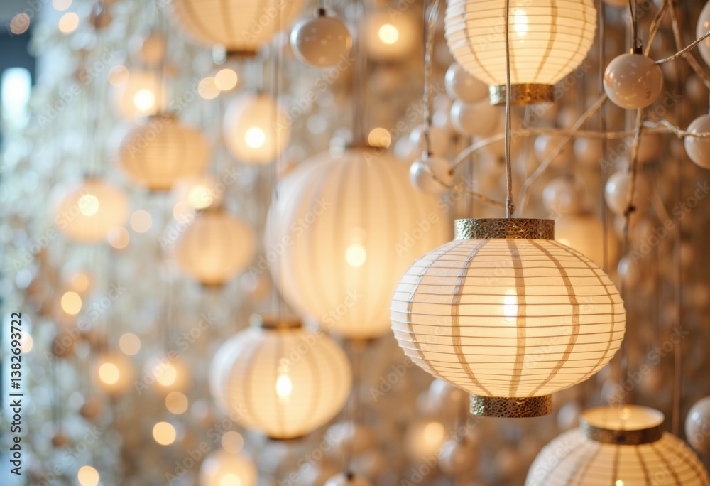 Fototapeta premium Elegant paper lanterns glowing softly in a warm, inviting atmosphere