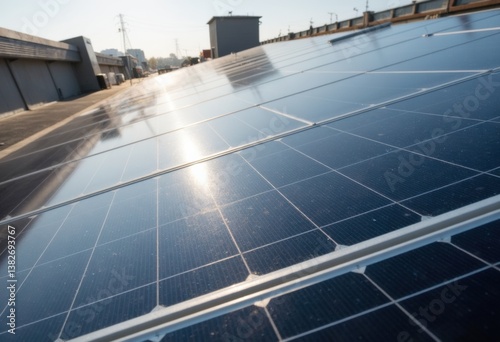 Solar panels reflecting sunlight on a rooftop installation