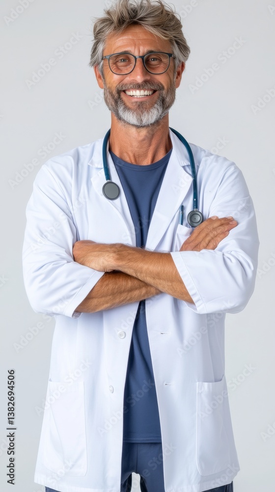 Smiling Male Doctor with Arms Crossed in a Medical Coat Against a Clean Background Smiling Male Doctor with Arms Crossed in a Medical Coat Against a Clean Background
