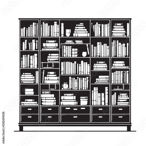 Black Color Bookcase Silhouette Vector Illustration, Solid White Background