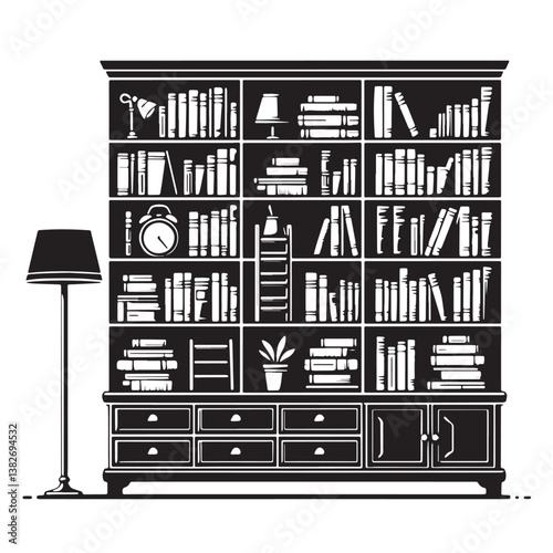 Black Color Bookcase Silhouette Vector Illustration, Solid White Background