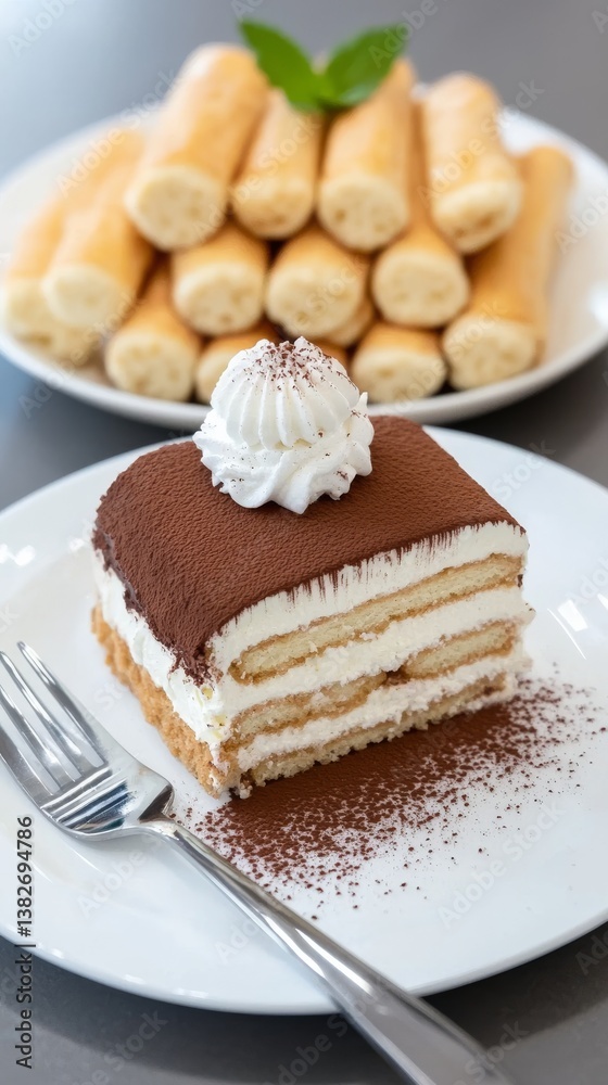 Delicious Tiramisu Slice with Cocoa Dusting and Whipped Cream Delicious Tiramisu Slice with Cocoa Dusting and Whipped Cream