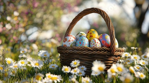 Obraz na płótnie Charming easter basket filled with decorated eggs nestled in a daisy meadow w salonie