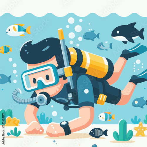 ocean, diver, sea, water, underwater, dive, marine, sport, swim, travel, diving, activity, aquatic, adventure, woman, nature, scuba, deep, tropical, isolated, extreme, leisure, illustration, man, vaca