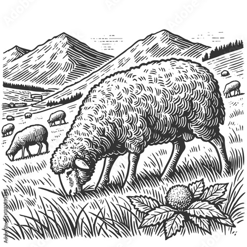 sheep grazing in an alpine meadow, with mountains, a farmhouse, and other sheep in the background, drawn in an engraved style sketch engraving generative ai vector. Scratch board. Black and white.
