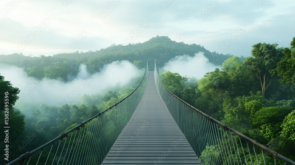 Fototapeta premium Suspension bridge above forest canopy disappearing into misty hills