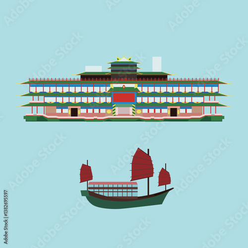 Hong kong landmark.Hong kong two landmark which is yacht club and Aqua Luna. Boat and yacht club of green color elements.Hong Kong harbor of Aberdeen.Hong kong landmark of Jumbo Kingdom.