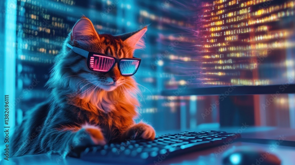 Cyberpunk feline coding in a neon-lit virtual world master programmer cat